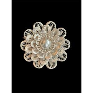 Vtg MCM Sterling Silver Filagree Floral Lapel Pin Brooch 925 7.75g